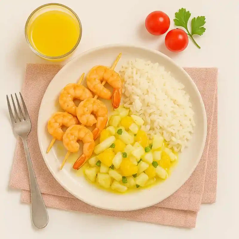 Brochette de scampis, riz délicat & fraîcheur de fenouil à l’orange