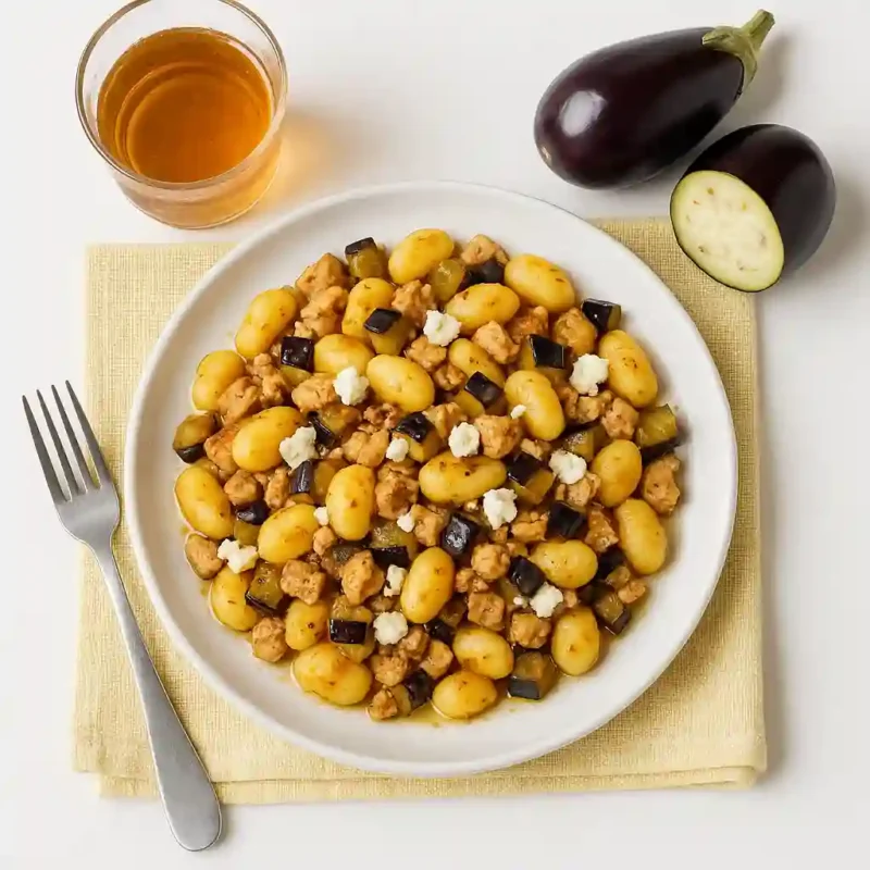 Gnocchi, hachée de poulet, aubergine et feta