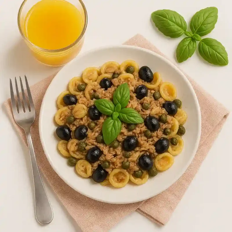Orecchiette gourmandes au thon, éclats de câpres & olives noires