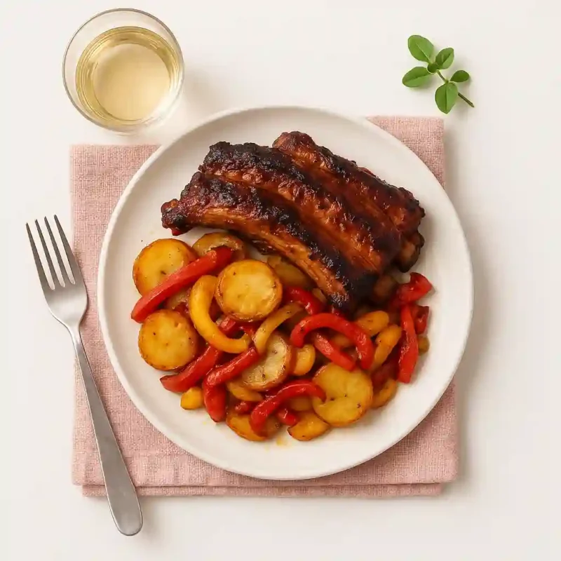 Spare-ribs caramélisés & poêlée de pommes de terre aux poivrons