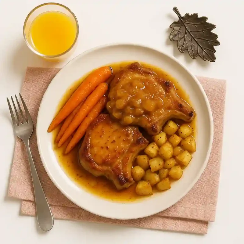 Côte de porc au jus de pomme, pommes de terre croustillantes & carottes glacées
