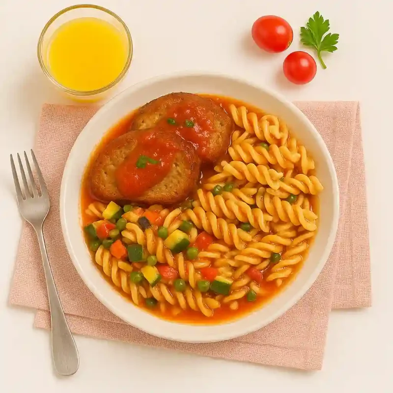 Pain de viande maison, sauce tomate-basilic & pâtes aux légumes croquants