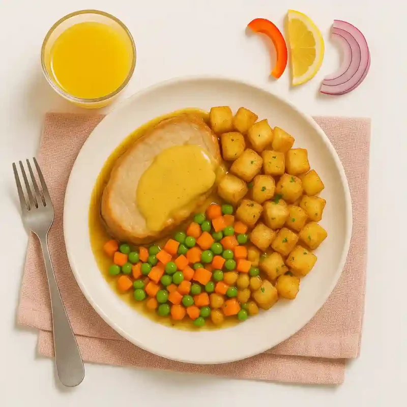 Rôti tendre à la moutarde fine, pommes de terre dorées & duo de petits pois-carottes