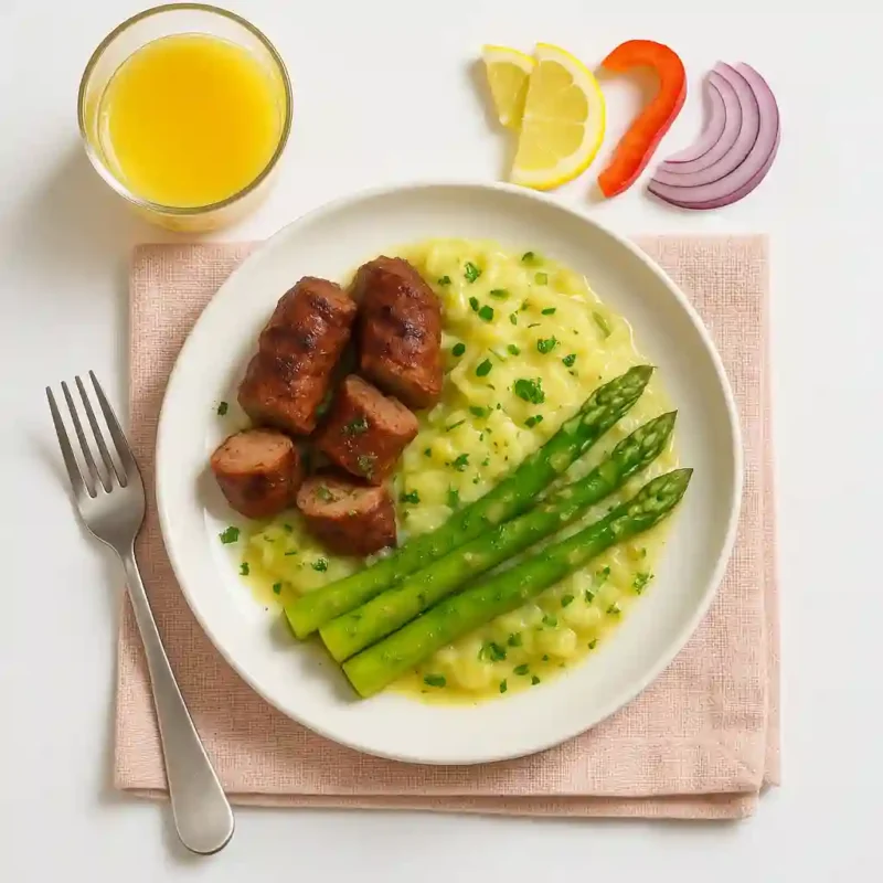 Saucisse juteuse et potée de saison aux poireaux et pointes d’asperges