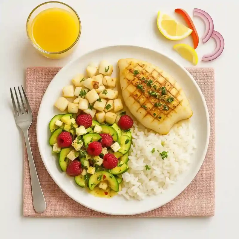 Encornet grillé, riz basmati et courgette à la feta, touche de framboise