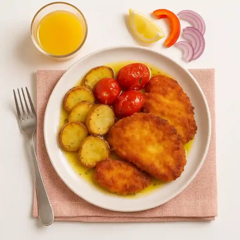 Escalope croustillante, pommes de terre dorées et tomate rôtie au four