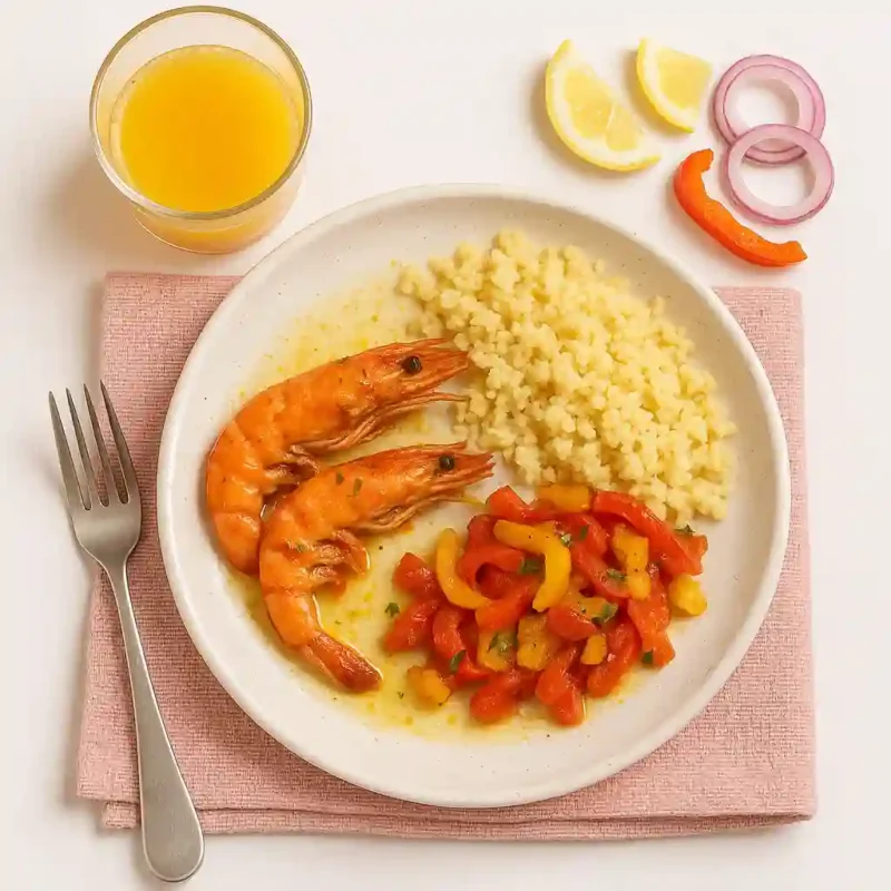 Gambas rôties, semoule fine & poivrons  jaune et rouge