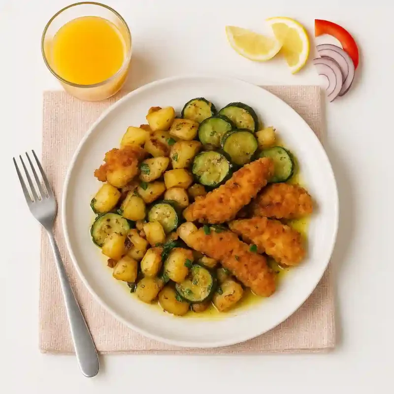 Filets panés de poulet doré, poêlée de légumes rustiques à l’ail