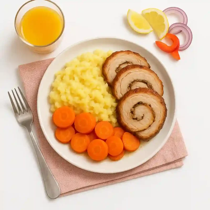 Roulade de porc, écrasé de pomme de terre au beurre & carottes